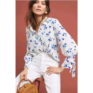 Women's Maeve by Anthropologie White Blue Blueberry Button Down Shirt Size 8